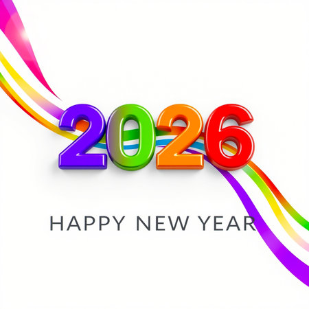 Vibrant 3D numbers of 2026 with colorful wavy lines and Happy New Year text.の素材