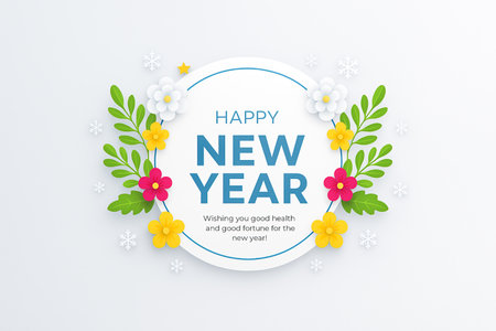 A festive oval greeting card with 'Happy New Year' text and floral accents.の素材