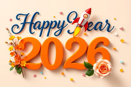 Bright orange numbers 2026 celebrate the New Year with flowers and confetti.の素材