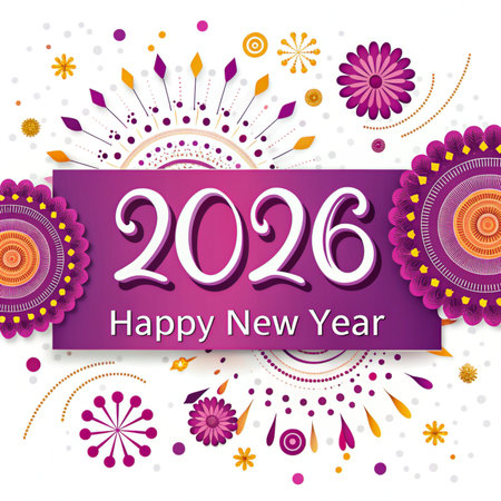 A vibrant and colorful festive background celebrating the arrival of the year 2026 with decorative elements.の素材
