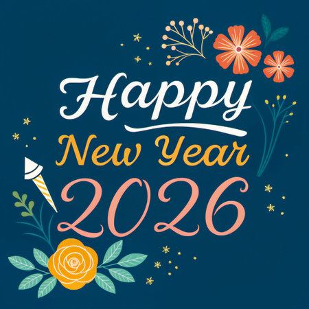 A festive New Year 2026 greeting with floral accents and a dark blue background.の素材