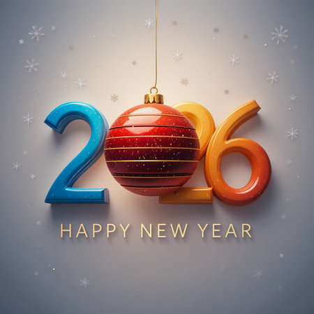 The year 2016 is displayed with colorful numbers, a festive ornament, and happy new year greeting.の素材