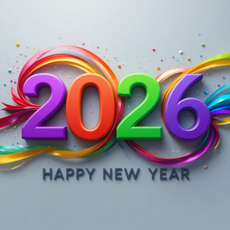 Vibrant 3D numbers for 2026 with festive colorful swirls and confetti.の素材