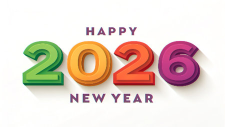 Brightly colored 3D numbers spell out Happy New Year 2026 on a white background.の素材