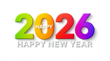 Colorful gradient numbers spelling out Happy New Year 2026 on a white background.の素材
