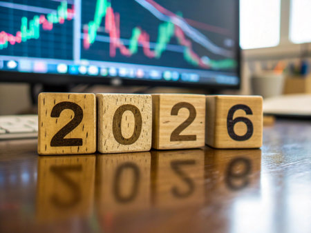 Wooden blocks spell out 2026 in front of a blurred stock market graph.の素材