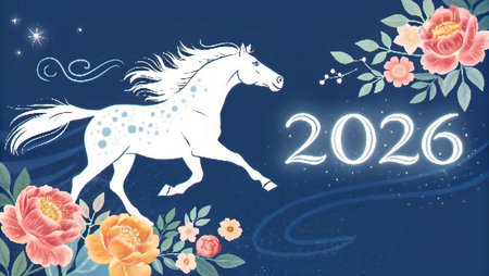 A white horse gallops amidst blooming flowers and the year 2026.の素材