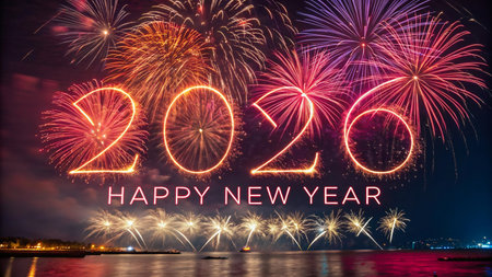 Vibrant fireworks illuminate the night sky with the year 2020 and Happy New Year text.の素材