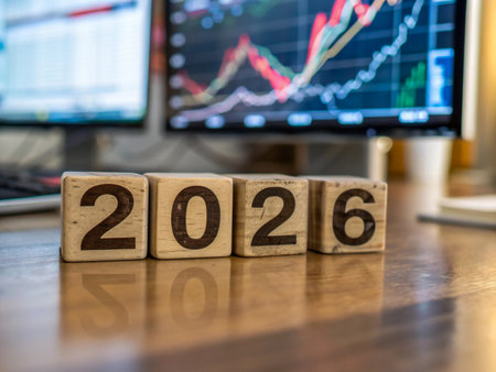 Wooden blocks displaying the year 2026 in front of blurred stock market graphs.の素材