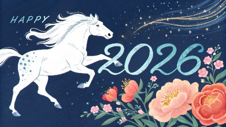 A festive New Year's card for 2026 featuring a white horse, flowers, and starry sky.の素材
