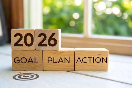 Wooden blocks display 2026, Goal, Plan, and Action with a target symbol.の素材