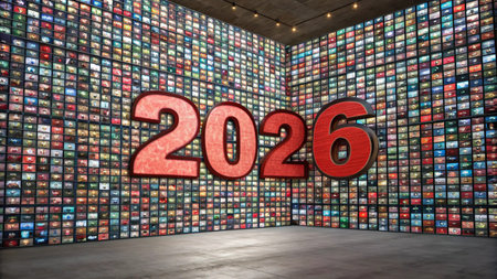 Large red numbers '2026' are prominently displayed in a room covered by many screens.の素材