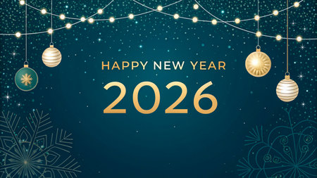 A dark teal background with golden year 2026, festive lights, and hanging ornaments.の素材