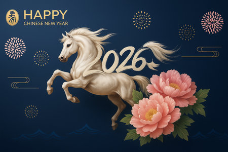 A white horse with flowing mane stands beside pink peonies and celebratory fireworks.の素材