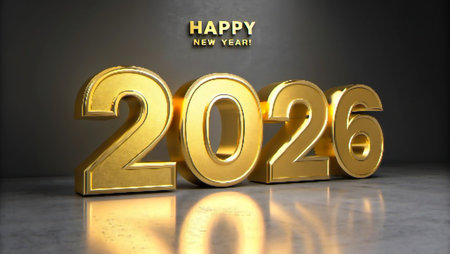 Shiny gold 3D numbers '2026' with 'Happy New Year' text above.の素材