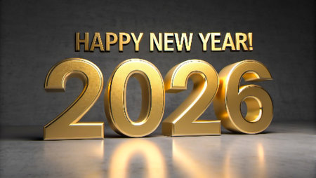 Shiny golden 3D numbers 2026 with 'Happy New Year' text.の素材
