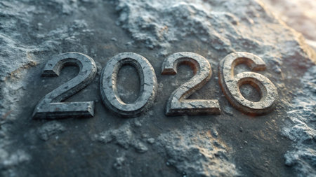 The year 2026 carved in stone, set against a rugged, textured background.の素材