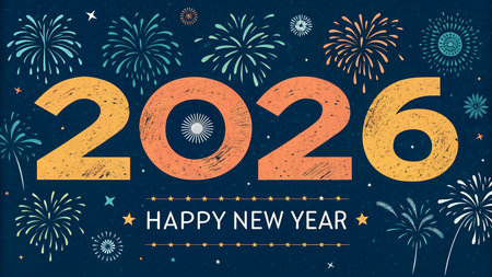 Bright fireworks explode behind the year 2026 and Happy New Year text.の素材