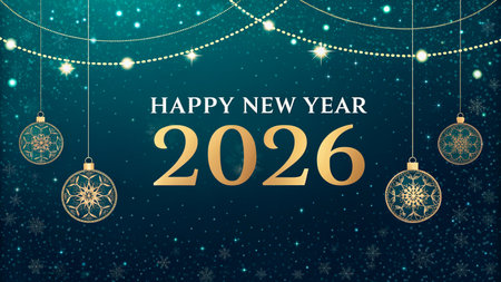 Golden 2026 text with hanging ornaments and twinkling lights on a dark blue background.の素材