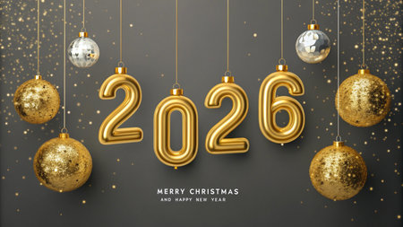 Golden foil balloons spell out 2026 surrounded by festive Christmas ornaments and glitter.の素材