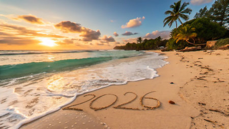 The year 2026 is written in the sand on a tropical beach during a beautiful sunset.の素材