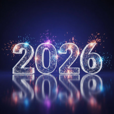The year 2026 illuminated with sparkling lights and reflections on a dark surface.の素材