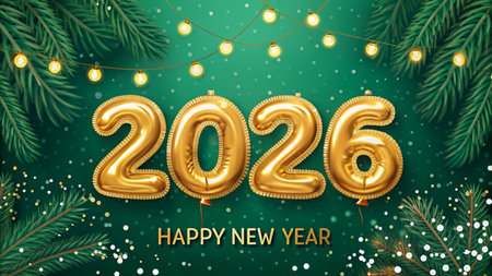 Golden balloons spell out 2026 with festive lights and pine branches.の素材