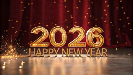 Shiny gold balloons spell out 2026 and Happy New Year with bokeh lights.の素材