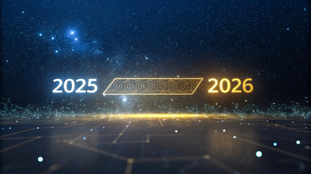 Digital representation of the transition from the year 2025 to 2026 with glowing effects.の素材
