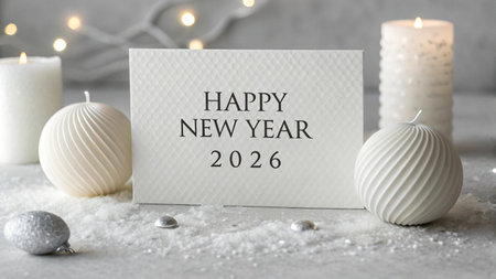 Festive New Year's Eve scene with candles, snow, and a message for 2026.の素材