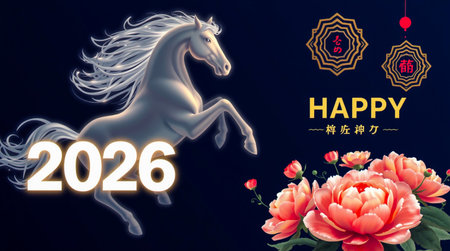 A luminous white horse leaps with flowing mane against a dark background, celebrating 2026.の素材