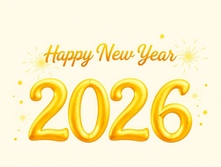Shiny golden balloons form the year 2026 with Happy New Year text.の素材