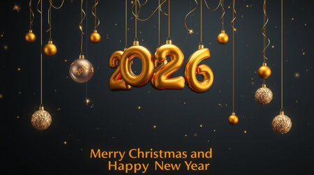 Golden balloons spell out 2026, surrounded by festive Christmas ornaments and falling snow.の素材