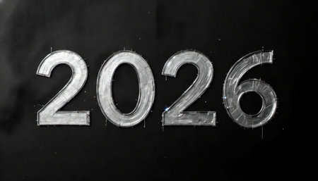The year 2026 is prominently displayed in raised silver numbers on a dark, textured background.の素材
