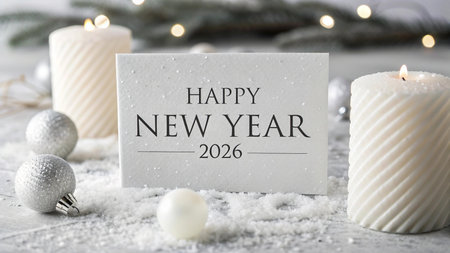 Festive New Year's Eve scene with lit candles, snow, and decorations.の素材