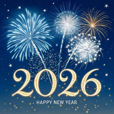 Celebrate the New Year with a dazzling fireworks display and the year 2026.の素材