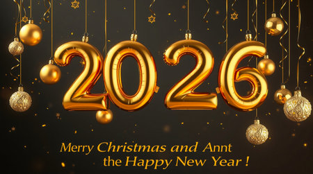Shiny gold balloons spell out 2026, surrounded by festive Christmas ornaments against a dark background.の素材