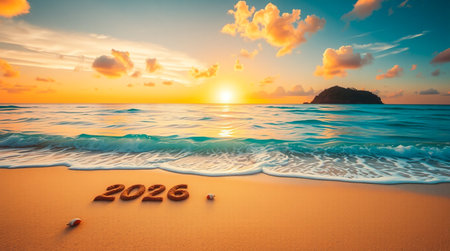 Golden sunrise on a sandy beach with waves and the year 2026 etched in sand.の素材