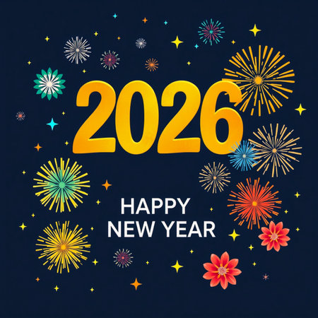 A dark blue background is filled with bright, colorful fireworks and the year 2026.の素材