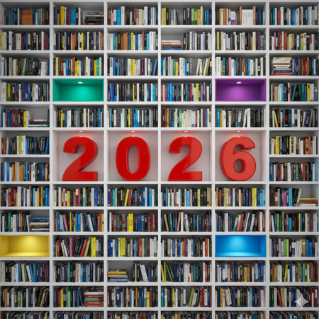 A large wall of bookshelves features the year 2026 in bold red numbers.の素材