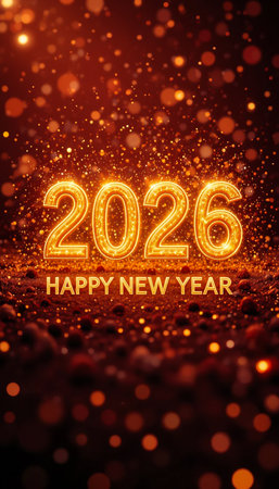 Golden 2026 text with Happy New Year message amidst sparkling bokeh.の素材