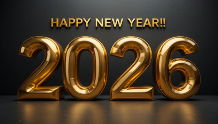Shiny gold balloons form the year 2026 with Happy New Year text.の素材