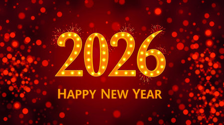 Bright golden 2026 text shines against a dark red background with festive bokeh.の素材