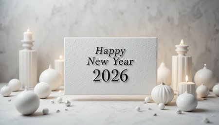 A festive New Year's Eve display featuring candles and the year 2026.の素材