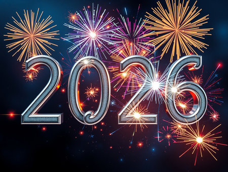 Sparkling fireworks illuminate the night sky celebrating the arrival of the year 2026.の素材