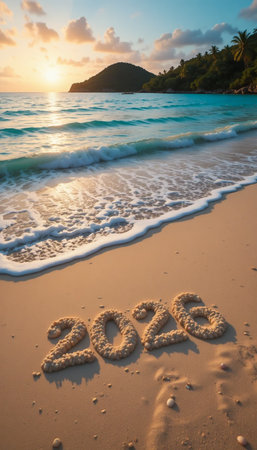 The year 2025 is written in the sand on a beach with waves and a sunrise.の素材