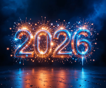 Bright glowing numbers 2026 surrounded by colorful fireworks and reflections.の素材