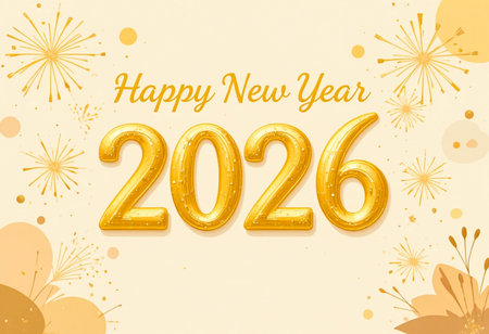 A festive golden greeting for the year 2026 with abstract floral and firework elements.の素材