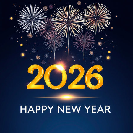 Golden year 2026 text with sparkling fireworks and happy new year message.の素材