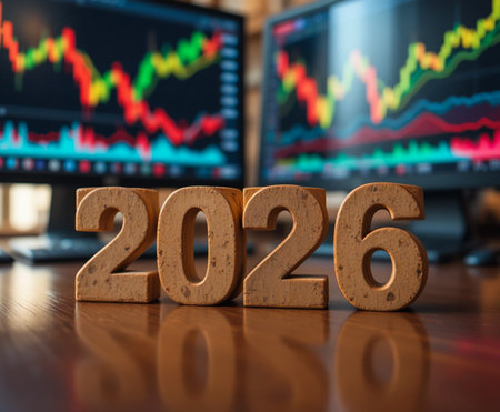 Wooden numbers '2026' stand before blurred monitors displaying colorful stock market graphs.の素材
